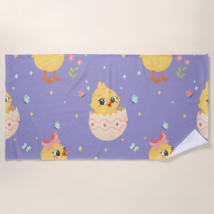 Cute Easter Chick with Pink Bow Seamless Pattern Beach Towel