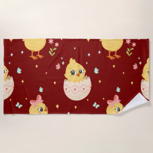 Cute Easter Chick with Pink Bow Seamless Pattern Beach Towel
