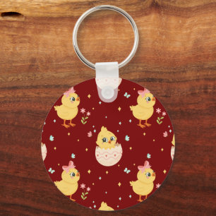 Cute Easter Chick with Pink Bow Seamless Pattern Key Ring