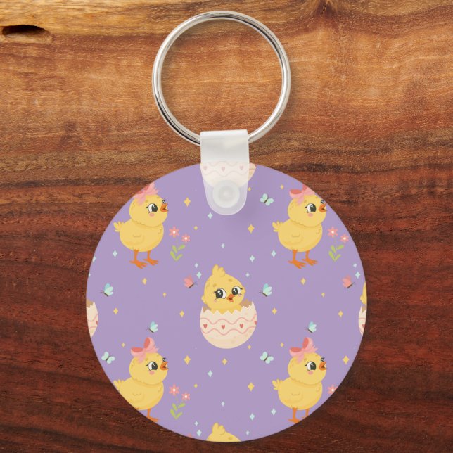 Cute Easter Chick with Pink Bow Seamless Pattern  Key Ring (Front)