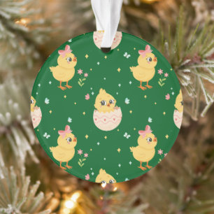 Cute Easter Chick with Pink Bow Seamless Pattern Ornament