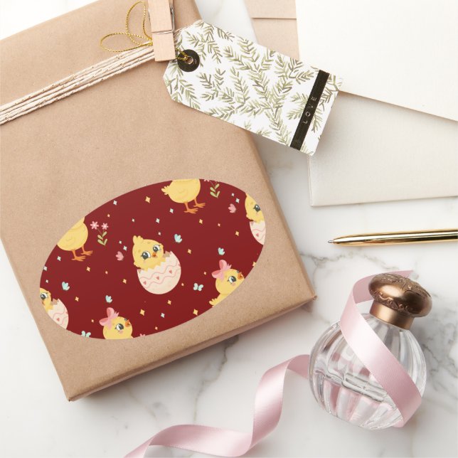 Cute Easter Chick with Pink Bow Seamless Pattern  Oval Sticker (Gifting)