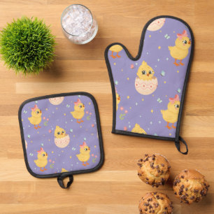Cute Easter Chick with Pink Bow Seamless Pattern Oven Mitt & Pot Holder Set