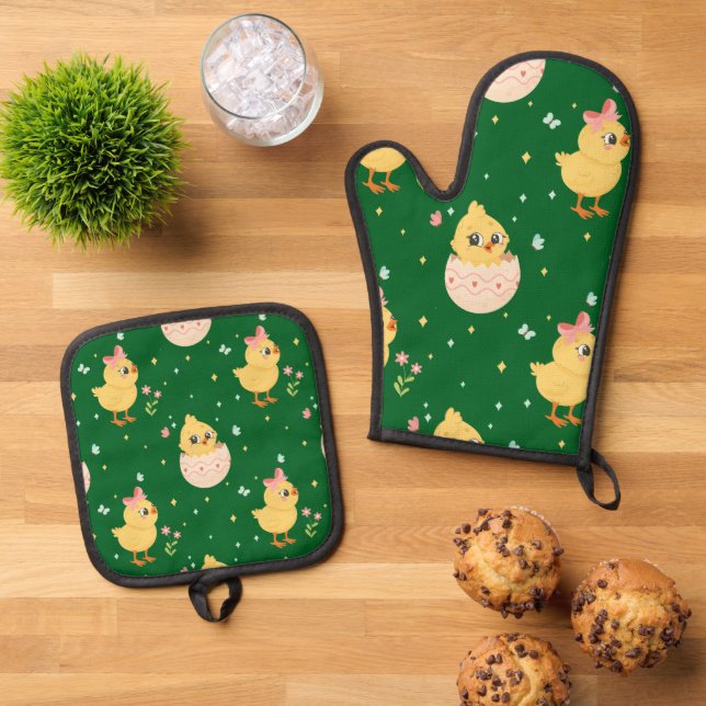 Cute Easter Chick with Pink Bow Seamless Pattern  Oven Mitt & Pot Holder Set (Top Down)