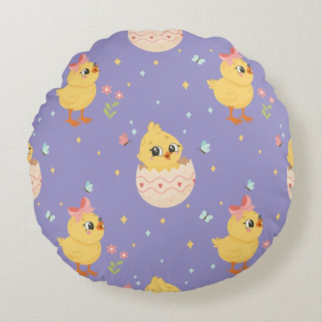 Cute Easter Chick with Pink Bow Seamless Pattern  Round Cushion (Front)