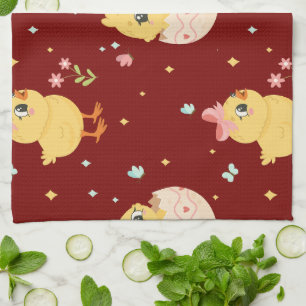 Cute Easter Chick with Pink Bow Seamless Pattern Tea Towel