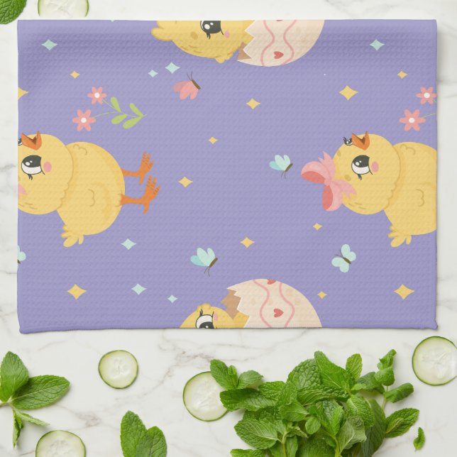 Cute Easter Chick with Pink Bow Seamless Pattern  Tea Towel (Folded)