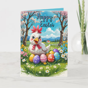Cute Easter Chicken with Spring Flowers, Eggs Holiday Card