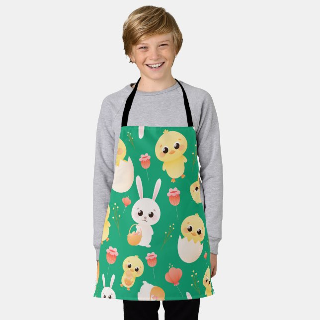 Cute Easter Chicks & Bunnies Seamless Pattern  Apron (Worn)