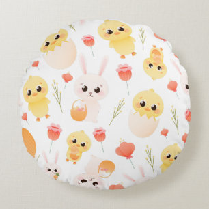 Cute Easter Chicks & Bunnies Seamless Pattern Round Cushion