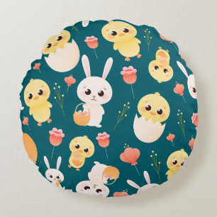Cute Easter Chicks & Bunnies Seamless Pattern Round Cushion