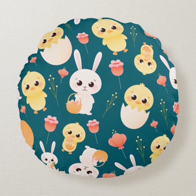 Cute Easter Chicks & Bunnies Seamless Pattern  Round Cushion (Front)