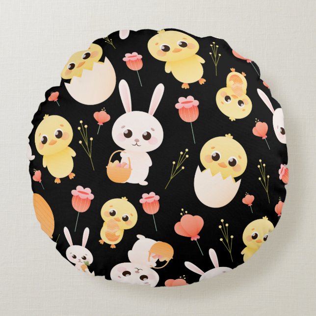 Cute Easter Chicks & Bunnies Seamless Pattern  Round Cushion (Front)