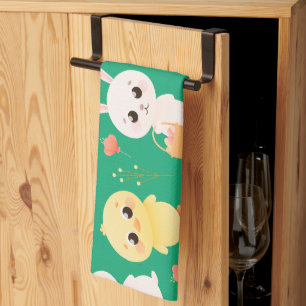 Cute Easter Chicks & Bunnies Seamless Pattern Tea Towel