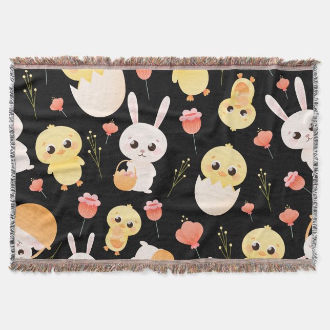 Cute Easter Chicks & Bunnies Seamless Pattern  Throw Blanket (Front)