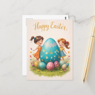 Cute Easter Children and Colourful Egg Greeting Postcard