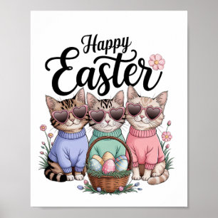 Cute Easter Day Cat Bunny Ears Eggs Graphic Men Wo Poster