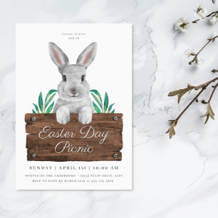 Cute Easter Day Picnic Bunny & Rustic Sign Invitation