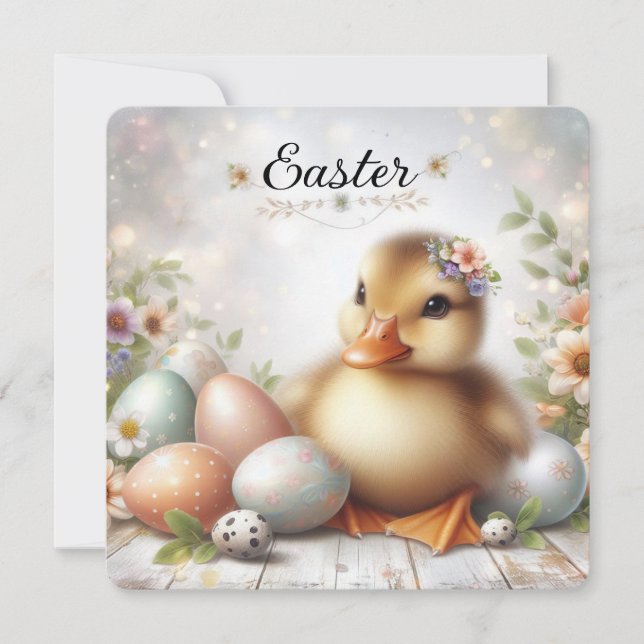 Cute Easter Duck with Easter Eggs and Flowers Holiday Card (Front)