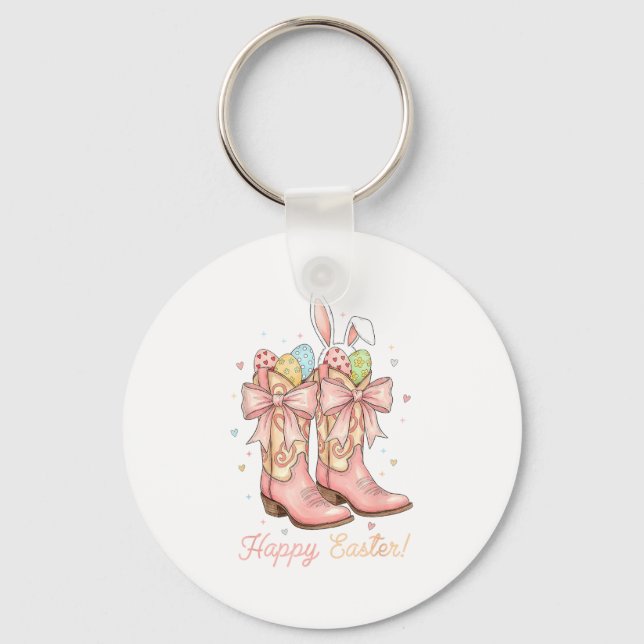 Cute Easter Egg Howdy Western Cowboy Boots Bunny C Key Ring (Front)