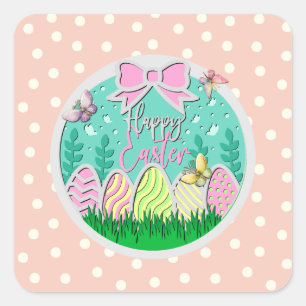 Cute Easter Egg Hunt and Colourful Butterflies Square Sticker