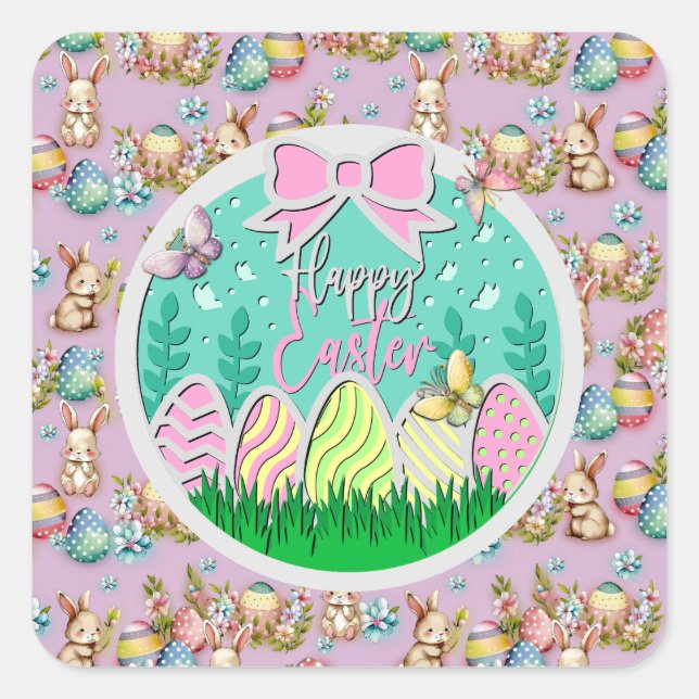 Cute Easter Egg Hunt and Colourful Butterflies Square Sticker (Front)