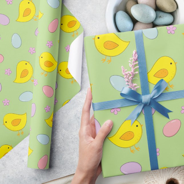 Cute Easter Eggs Chicks Spring Pattern Green Wrapping Paper (Creator Uploaded)