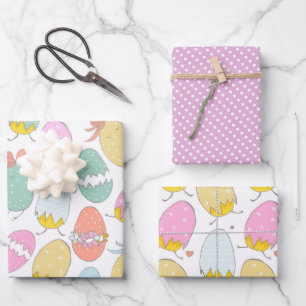 Cute Easter Eggs, Easter Chicks and Pink Polkadots Wrapping Paper Sheet