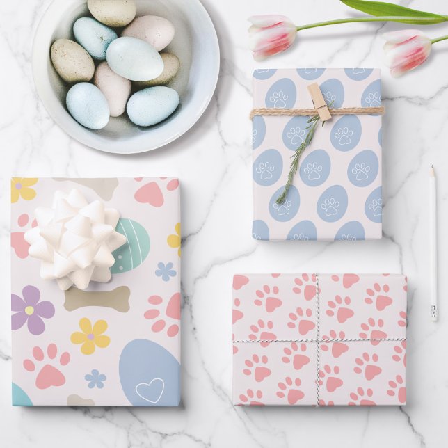 Cute Easter eggs Paw prints Pastel colours Pattern Wrapping Paper Sheet (Creator Uploaded)
