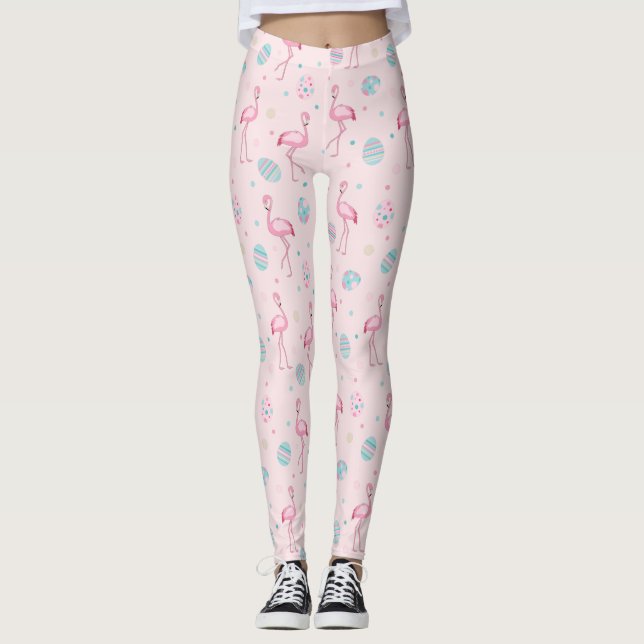 Cute Easter flamingo & painted eggs pattern Leggings (Front)