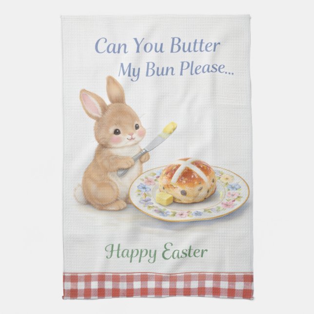 Cute Easter Gift Bunny Tea Towel | Hot Cross Bun (Vertical)