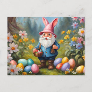 Cute Easter Gnome in Spring Garden Illustration  Holiday Postcard