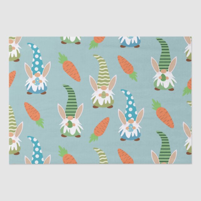 Cute Easter Gnomes with Eggs and Carrots on Blue  Tissue Paper (Front)
