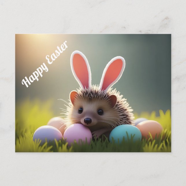 Cute Easter Hedgehog with Colored Eggs Postcard (Front)