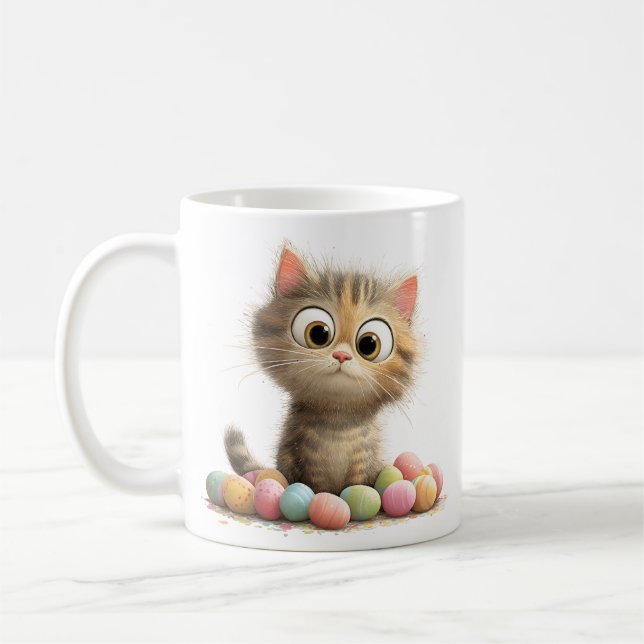 Cute Easter Kitten Mug with Pastel Eggs (Left)