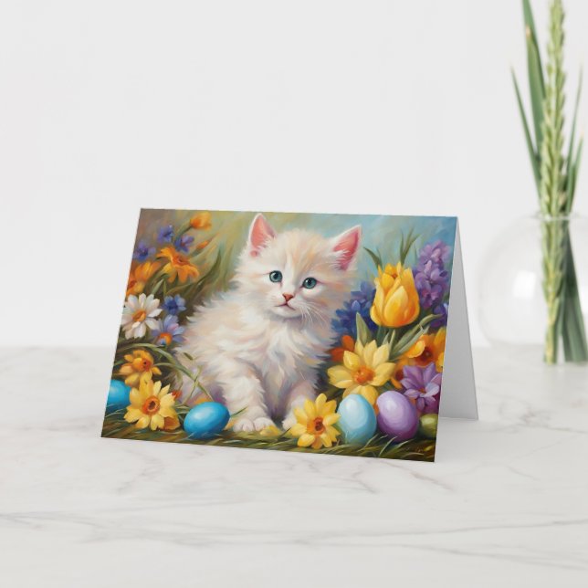 Cute Easter Kitten with Flowers and Easter Eggs  Holiday Card (Front)