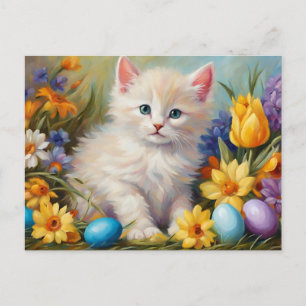Cute Easter Kitten with Flowers and Easter Eggs  Holiday Postcard