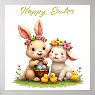 Cute Easter Lamb & Bunny   Chicks & Spring Flowers Poster