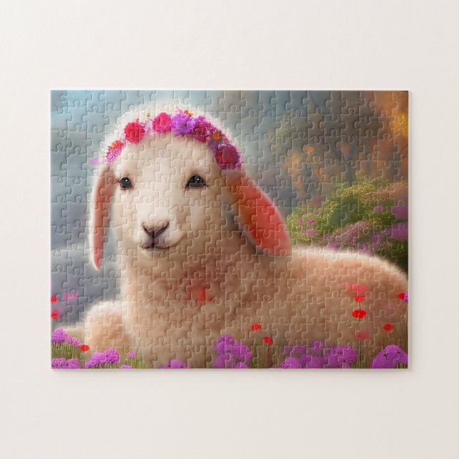 Cute easter lamb with flowers -    jigsaw puzzle (Horizontal)