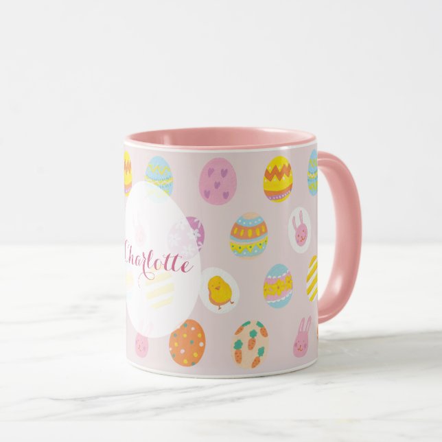 Cute Easter Painted Egg Pattern Pink Name Mug (Front Right)
