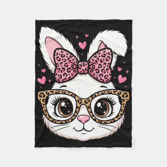 Cute Easter Rabbit Face Leopard Bow Sungles Bunny  Fleece Blanket (Front)
