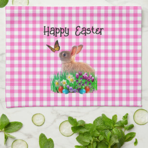 Cute Easter Rabbit on Pink Gingham Tea Towel