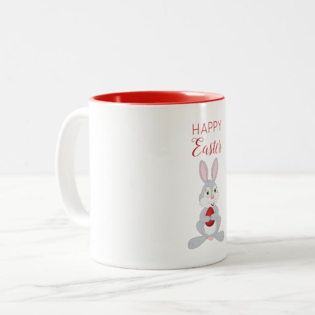 Cute Easter Rabbit Red Easter Egg   Two-Tone Coffee Mug (Front Left)