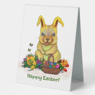 Cute Easter Rabbit with Eggs and Flowers