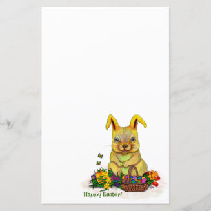 Cute Easter Rabbit with Eggs and Flowers
