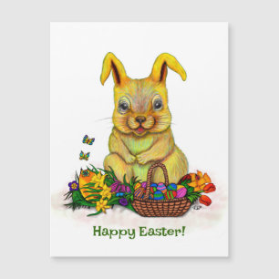 Cute Easter Rabbit with Eggs and Flowers