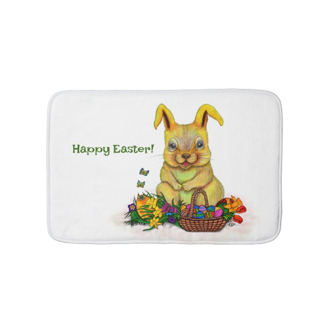 Cute Easter Rabbit with Eggs and Flowers Bath Mat (Front)