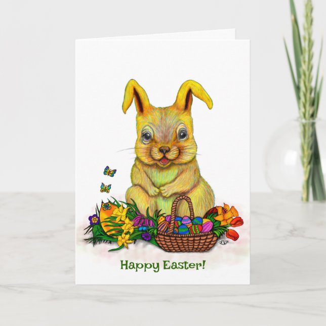 Cute Easter Rabbit with Eggs and Flowers Card (Front)
