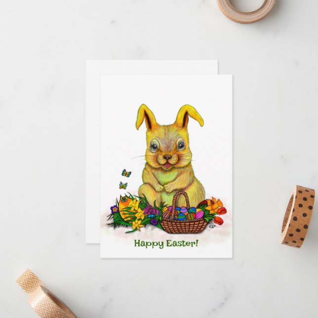 Cute Easter Rabbit with Eggs and Flowers Card (Front/Back In Situ)
