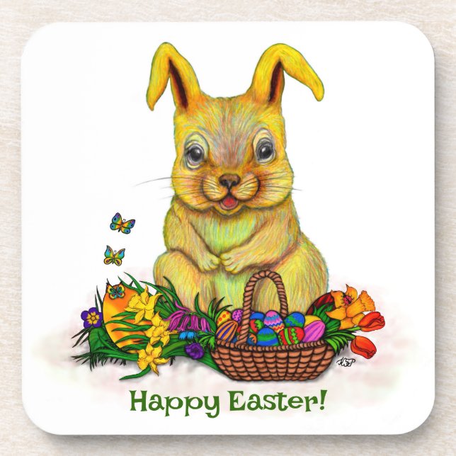 Cute Easter Rabbit with Eggs and Flowers Coaster (Front)